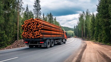 Truck Transporting Logs on Forest Road