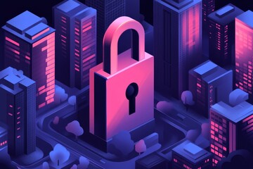 Canvas Print - Pink glowing padlock amidst a futuristic cityscape symbolizing encryption cybersecurity and data protection in a modern digital environment