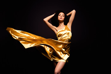 Photo of classy dreamy lady wear gold dress enjoy ballroom dance isolated black color background