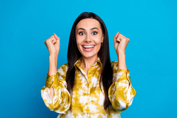 Sticker - Photo of gorgeous cheerful glad lovely woman wear trendy clothes isolated on blue color background