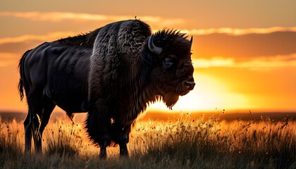 Majestic Bison Silhouette in Grassy Meadow Against Vibrant Sunset