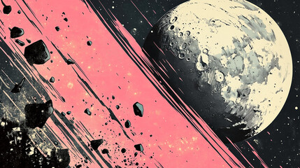 Stylish Poster of the Moon and Meteorites in Space