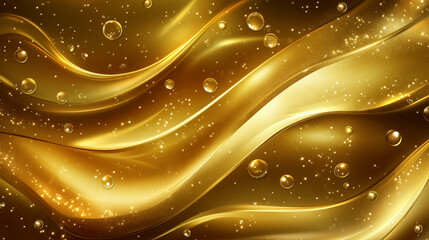 Wall Mural - A golden-brown abstract background featuring flowing wave patterns with soft curves and shimmering bubbles.Oil with air bubbles.