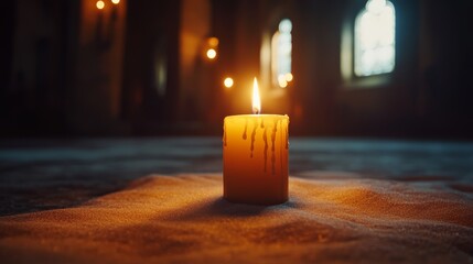 Poster - The warm glow of a lit candle casts gentle light over a sandy surface in a dimly lit space, creating a serene and inviting atmosphere