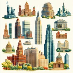 Collection of iconic landmarks and buildings of New York City, USA, in cartoon style, isolated on white background.