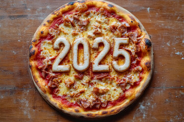 Wall Mural - Top view of pizza with ham and cheese on brown wooden background, number of year 2025 in center, New Year holiday treat