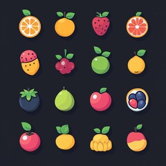 Wall Mural - Colorful cartoon fruits and berries icons set on black background.