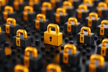 Canvas Print - Rows of small yellow padlocks on a black grid symbolizing encryption data protection and online privacy in a tech heavy minimalistic environment