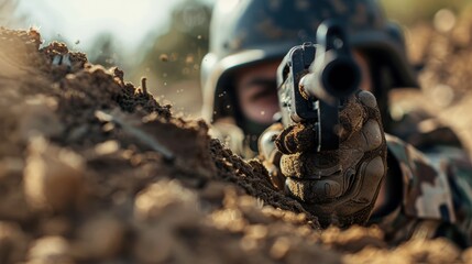 Team building through paintball in a tactical setting, with strategy planning and mission mapping in sand, emphasizing outdoor teamwork and military techniques