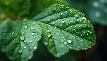 Wall Mural - Macro Shot of Green Leaf with Water Drops Symbolizing Freshness, Growth, and Purity in Nature