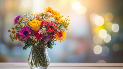 Poster - A colorful bouquet of assorted flowers in a glass vase sits elegantly on a light wood table, creating a cheerful atmosphere. Generative AI