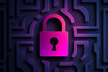 Poster - Purple padlock centered in a complex digital maze symbolizing encryption data security and online protection in a creative tech inspired design