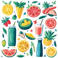 Wall Mural - Colorful illustration of fresh fruit, smoothies, and juice, perfect for a healthy lifestyle or summer themed design.