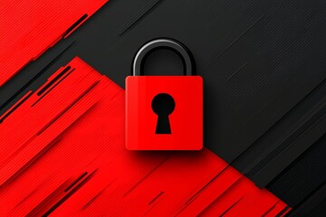 Wall Mural - Red and black abstract background with a bold red padlock symbolizing data encryption security and protection in a digital environment