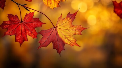 Poster - Vibrant maple leaves in shades of red and gold create a stunning display during autumn, illuminated by soft, warm light in the background