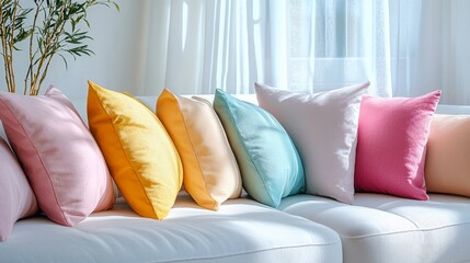 Poster - Colorful pillows arranged on a white couch in a bright room.