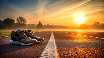 Running shoes on a track at sunrise, symbolizing fitness and motivation.