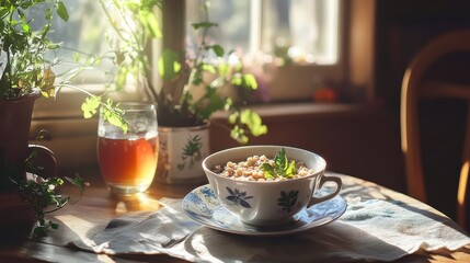 Wall Mural - Cozy Morning Breakfast in a Rustic Kitchen