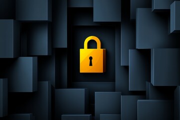 Poster - Yellow padlock embedded within a dark digital cube pattern representing data security encryption and online privacy in a futuristic design