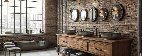 A trendy industrial bathroom with a large wooden vanity, metal sinks, and a brick wall featuring an array of vintage mirrors