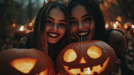 Girls Celebrating Halloween with Pumpkins and Costumes