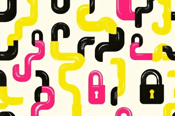 Poster - Playful pattern of abstract black and pink padlocks intertwined with yellow and white shapes symbolizing encryption data protection and creative cybersecurity in a quirky design