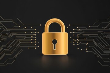 Poster - Minimalistic golden padlock resting on a black circuit board representing encryption data security and digital protection in a high tech sleek environment