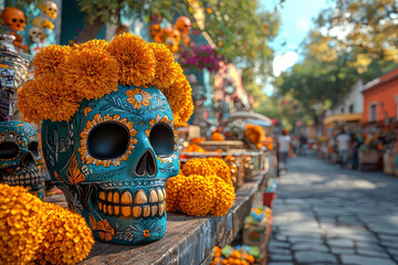 Wall Mural - A street market filled with stalls selling traditional Day of the Dead items like sugar skulls, marigolds, and papel picado.