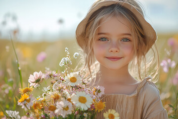 Poster - A little girl holding a bouquet of wildflowers, smiling shyly with a summer meadow behind her.