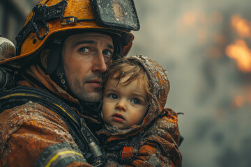 Poster - A firefighter carrying a child out of a burning building as thick smoke pours out of the windows.