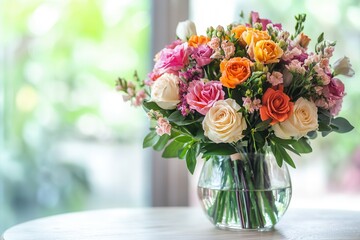 Aufkleber - A stunning arrangement of roses and other flowers brightens a light wood table, enhancing the cozy atmosphere in the room. Generative AI