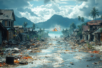 Sticker - A coastal town destroyed by a tsunami, with debris littering the shoreline and buildings in ruins.