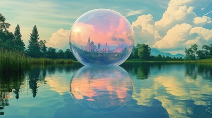 Wall Mural - A stunning wild nature scene with a floating bubble in the water, reflecting iconic global landmarks in celebration of World Water Day