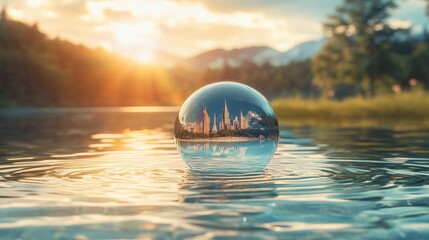 Wall Mural - A stunning wild nature scene with a floating bubble in the water, reflecting iconic global landmarks in celebration of World Water Day