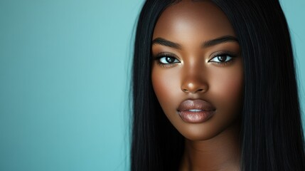 A close-up portrait of a beautiful black woman with long shiny hair and make-up . Haircare, beauty and cosmetics concept.