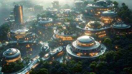 Aufkleber - A breathtaking view of a futuristic city at night, featuring circular buildings and vibrant lights, nestled amidst lush greenery and winding paths.