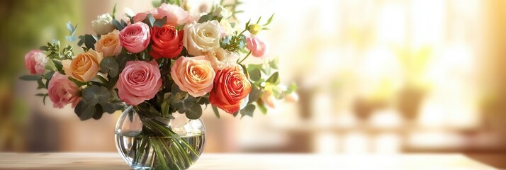 Poster - This stunning bouquet features an array of colorful roses and mixed flowers, elegantly placed in a glass vase on a wooden table. Generative AI
