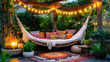 Charming outdoor garden retreat with a colorful hammock, lush plants, and warm string lights creating a serene ambiance