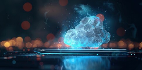 Poster - Cloud computing concept, digital data storage, technology background, blue tones, glowing effect, abstract representation of cloud services on smartphone