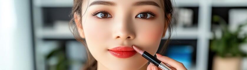 Close-Up of Asian Woman's Lips with Lipstick