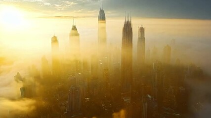 Aufkleber - The skyline features towering skyscrapers disappearing into a thick layer of fog at twilight, creating a mystical atmosphere above the bustling city.