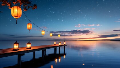 Twilight tranquility on a wooden pier adorned with lanterns, reflecting over calm waters beneath a breathtaking starry night sky