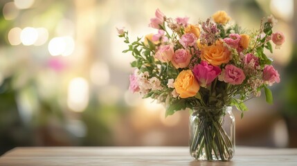 Poster - A beautifully arranged bouquet of pink, orange, and yellow flowers sits in a glass vase on a light wood table, creating a cheerful atmosphere. Generative AI