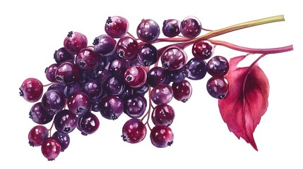 Canvas Print - A watercolor illustration of a bunch of fresh elderberries, each with a detailed texture and deep purple color, isolated on white background.
