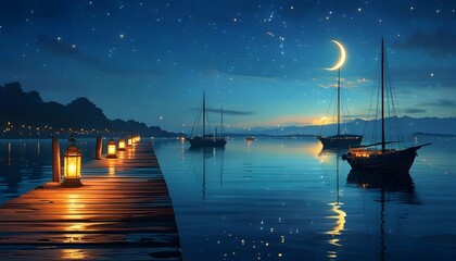 Tranquil night at a pier adorned with glowing lanterns, a boat gently floating, under a canopy of stars and a crescent moon