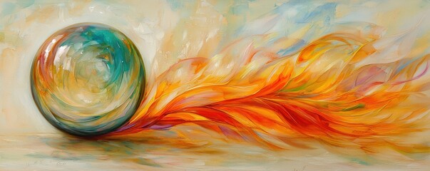 Wall Mural - Vibrant Watercolor Abstract with Flame and Sphere