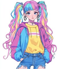 Retro Anime Girl with Pastel Rainbow Hair in Oversized Windbreaker and Blue Jeans