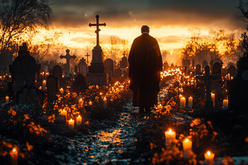 Poster - A priest leading a candlelit procession through a cemetery, blessing the graves of parishioners during All Souls' Day.