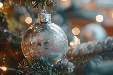 Canvas Print - A silver Christmas ornament reflecting the festive lights