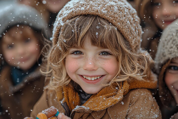 Poster - A group of children playing together, one child sharing their toy with another, fostering a sense of kindness.